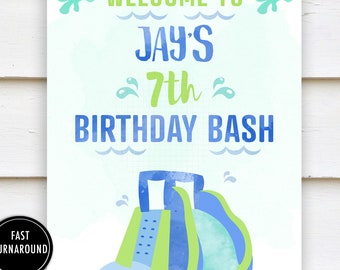 Waterslide Party Welcome Sign Printable: waterslide birthday, signage, blue and aqua, water party. download