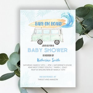 Baby on Board Surfing Baby Shower Invitation: "BABY SHOWER INVITATION" surf, van, surfboard, baby on board, invite