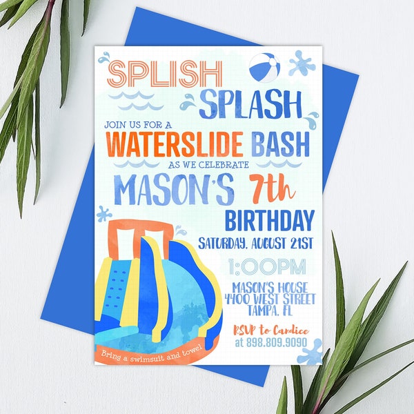 Waterslide Birthday Invitation Printable: "ORANGE WATERSLIDE INVITATION" boy waterslide bounce house, summer birthday, pool party download