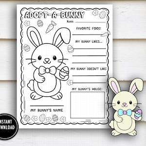 Peut inclure: Feuille imprimable en noir et blanc "Adopt-a-Bunny Writing Craft". La feuille présente un lapin de dessin animé tenant un œuf de Pâques, avec des sections à remplir pour la nourriture préférée, les goûts, les aversions et la maison. Comprend un bouton "Téléchargement instantané".