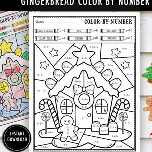 Gingerbread House Color by Number Math Worksheet | gingerbread class activities | centers