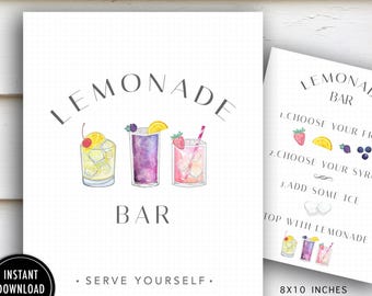 Watercolor Lemonade Bar Sign Printable: Lemonade Birthday Party Decor (Digital Download, 16x20 & 8x10 inches)