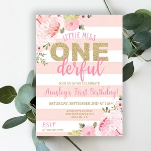 Onederful Invitation Digital File: &quot;LITTLE MISS ONEDERFUL&quot; pink and gold, floral pink,  first birthday, flower, gold glitter, pink one