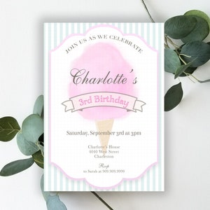 Striped Cotton Candy Birthday Invitation Printable: "COTTON CANDY INVITATION" fancy, candy birthday, sweet birthday, party supplies