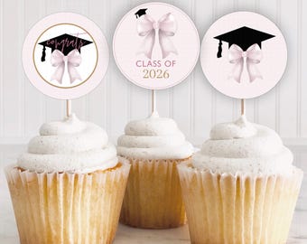 Pink Bow Graduation Cupcake Toppers: "GRAD CUPCAKE TOPPER" girly, printable graduation cupcake topper, download