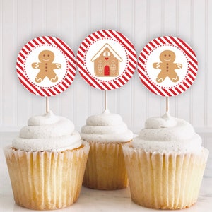Gingerbread Cupcake Toppers Printable: "GINGERBREAD PARTY" red stripe, gingerbread house party, gingerbread man, christmas cupcake, download