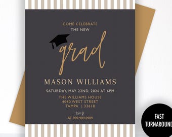 Striped Graduation Party Invitation: Masculine, boy grad party invite, gray, gold (Digital File)