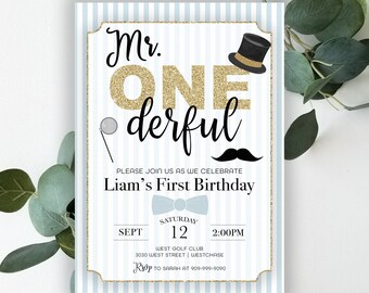 Mr Onederful Invitation Printable: "MR WONDERFUL" boy first birthday, blue pinstripe, gentleman, mustache birthday, top hat, bow tie