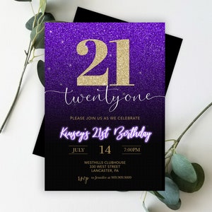 21st Birthday Invitation Printable: &quot;GLITTER 21ST INVITATION&quot; purple, gold glitter, 21st birthday, black, luxury birthday invitation