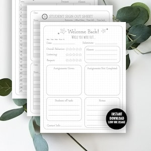 Substitute Teacher Notes Printables - sub notes, attendance log, teacher report, sign out sheet, student award, daily planner