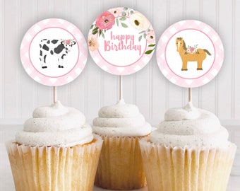 Pink Barnyard Cupcake Toppers: Farm Animals Birthday Party (Digital Download)
