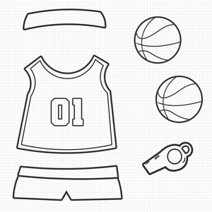 May include: Black and white line art printable dress up kit for a basketball player. The kit includes a headband, jersey with the number 01, shorts, shoes, a basketball, and a whistle.