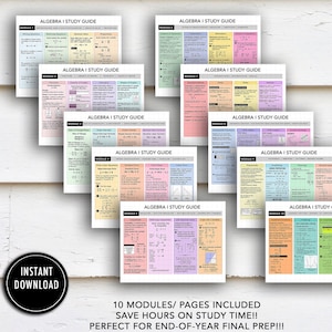 May include: A collection of ten Algebra I study guide pages featuring color-coded modules with mathematical formulas, equations, and graphs. The text ALGEBRA I NOTES AT A GLANCE - FULL COURSE appears at the top, and INSTANT DOWNLOAD is in a circle.