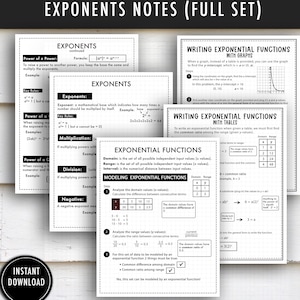 May include: A collection of black and white printable notes on exponents, exponential functions, and related math concepts. The notes include formulas, examples, and step-by-step instructions for solving problems. The title "EXPONENTS NOTES (FULL SET)" is at the top.
