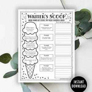 Puede incluir: Hoja de trabajo imprimible en blanco y negro con un gráfico de cono de helado. La hoja de trabajo se titula "Writer's Scoop" e incluye indicaciones para escribir una historia, como "¿Qué es lo más emocionante de tu tema?" y "¿Qué sucede al final?"