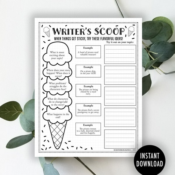 Writing Worksheet Printable Download: "WRITERS BLOCK WORKSHEET" kids writing helper, writing worksheet, writing builder, ice cream, resource