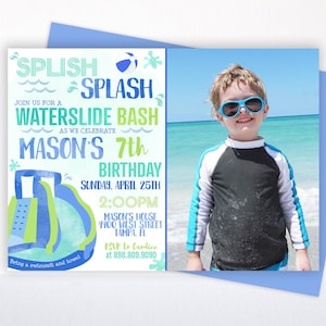 Waterslide Birthday Photo Invitation Printable: "POOL PARTY PHOTO" blue pool party birthday with picture, blue waterslide, water party