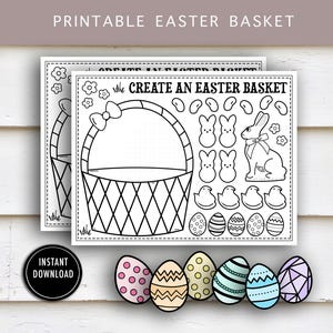 Pode incluir: Atividade de cesta de Páscoa imprimível para crianças. Crie uma cesta de Páscoa colorindo e recortando as peças e colando-as na cesta. Inclui um coelho, pintinhos, ovos e balas de gelatina.