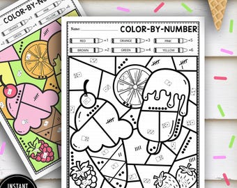 Color by Number Math Practice – Ice Cream, Summer, Kindergarten (Digital Download)