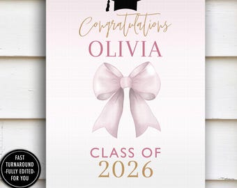 Pink Bow Graduation Sign Printable: 18x24, blush pink, girl, grad party signage
