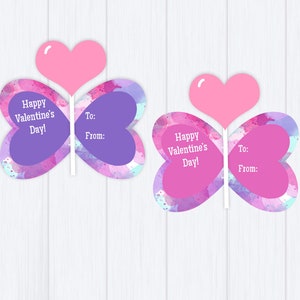 Lollipop Butterfly Valentine Card Printable Download: &quot;LOLLIPOP VALENTINES EXCHANGE&quot; svg, pink, purple, watercolor printable Valentine card