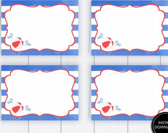 Pool Party Food Labels, Boy's Blue and Red Water Slide Birthday Tent Cards, Printable Summer Place Cards, Beach Ball Buffet Tags