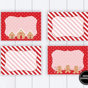 Red Gingerbread House Tent Cards: "GINGERBREAD TENT CARDS" candy cane, red white striped, place cards, food labels, gingerbread party