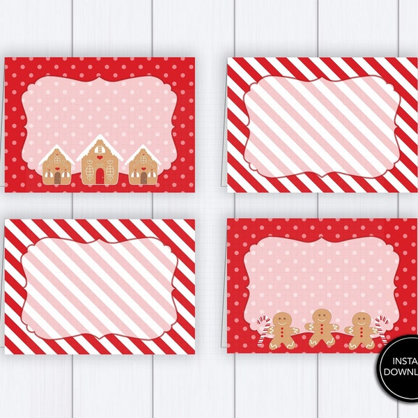 Red Gingerbread House Tent Cards: "GINGERBREAD TENT CARDS" candy cane, red white striped, place cards, food labels, gingerbread party