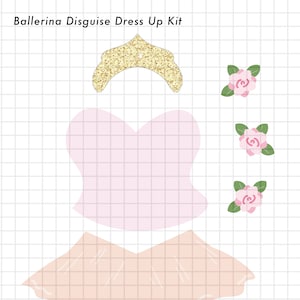 May include: A printable ballerina dress-up kit with a pink bodice, peach tulle skirt, pink ballet shoes, a gold glitter crown, and three pink roses with green leaves.