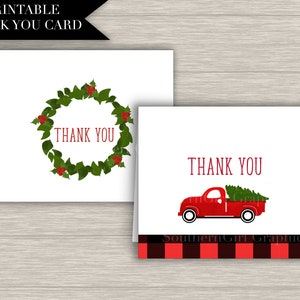 Christmas thank you card download: &quot;THANK YOU&quot; christmas truck, red plaid  holiday thank you, teacher, neighbor, printable