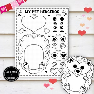 Valentine Cut and Paste Printable - "VALENTINE CRAFT" writing, valentines activity, cut and color, hedgehog, my pet hedgehog