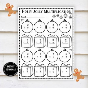 May include: A printable worksheet with a Christmas theme. The worksheet features a title "Holly Jolly Multiplication" and includes a variety of multiplication problems for children to solve. The problems are presented in a fun and festive way, with images of ornaments, presents, and stars.