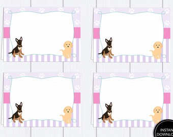 May include: Four dog-themed cards with a white background and a light purple border. Each card features a cartoon dog, a black and brown dog, and a golden retriever. The cards have a grid pattern inside and paw prints.