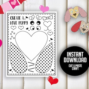 Valentine Cut and Paste Printable - &quot;VALENTINE CRAFTS&quot; kids valentines activity, cut and color, love puppy, heart crafts, preschool