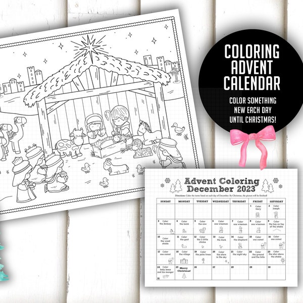 Nativity Coloring - kids advent calendar, christmas coloring, kids christmas activity printable, Christmas count down, three kings, download