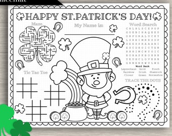 St. Patrick&#39;s Day Kids Coloring Placemat - &quot;St. Patty&#39;s DAY PLACEMAT&quot; kids table, St. Patty&#39;s, party, activity, word search, printable