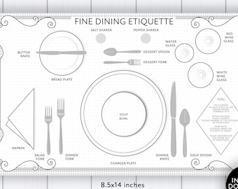 Etiquette Placemat - "FINE DINING ETIQUETTE" kids dining etiquette, kids manners, kids etiquette helper, cheat sheet, fine restaurant