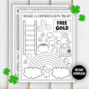 May include: Black and white printable coloring page with the text "Make-A-Leprechaun Trap!" and "Free Gold!"  The page features a ladder, a pot of gold, a rainbow, a horseshoe, a key, a door, and shamrocks.