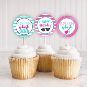 Pool Party Cupcake Toppers Printable: &quot;POOL CUPCAKE TOPPER&quot; waterslide, pink pool party cupcake toppers, pink water slide party, water party