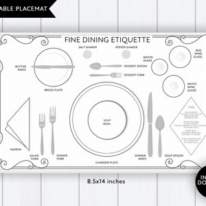 Etiquette Placemat - &quot;FINE DINING ETIQUETTE&quot; kids dining etiquette, kids manners, kids etiquette helper, cheat sheet, fine restaurant