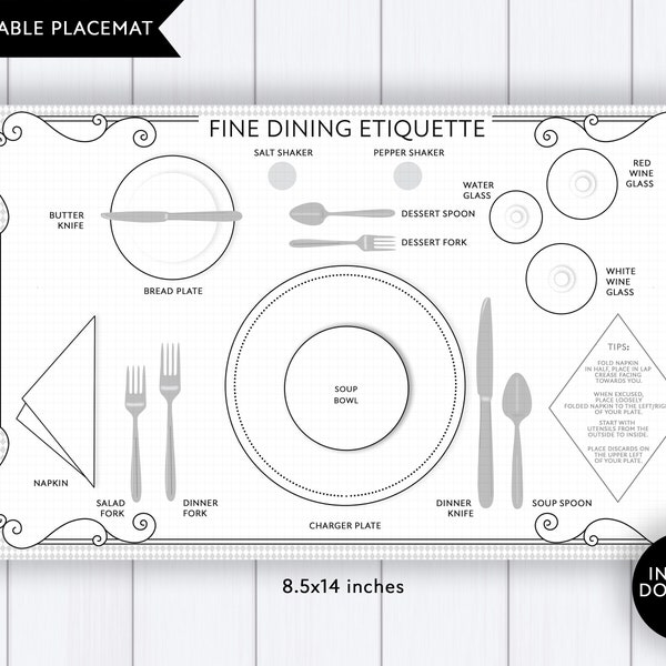 Etiquette Placemat - "FINE DINING ETIQUETTE" kids dining etiquette, kids manners, kids etiquette helper, cheat sheet, fine restaurant