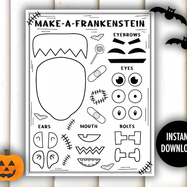 Halloween Craft Printable -  make a frankenstein, cut and color, cut and paste, activity, kids halloween crafts, coloring craft, school
