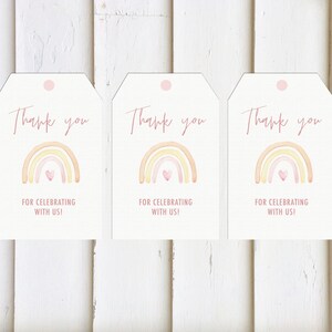 Boho Rainbow Favor Tag printable download: &quot;BOHO RAINBOW TAG&quot; watercolor, pink rainbow, rose, first birthday, treat tags, favors, download