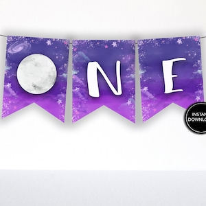 Space One Banner Printable: "ONE" outer space banner, first birthday, moon, stars, galaxy birthday, first trip around the sun, girl