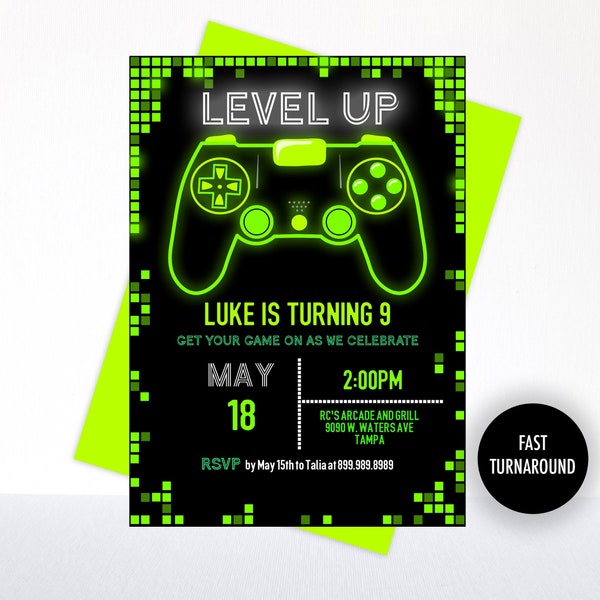 Video Game Invitation Digital File: "GAMER INVITATION" glowing, green, game truck, gaming, party supplies, birthday, invite, printable