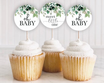 Greenery Baby Shower Cupcake Toppers: "LEAFY CUPCAKE TOPPER" oh baby, boho, eucalyptus, leaves, cupcake topper, printable, download