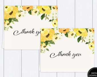 Yellow Floral Thank you card printable download: "YELLOW THANK YOU" with yellow, cream, rose, roses, thank you card, honeybee party supplies