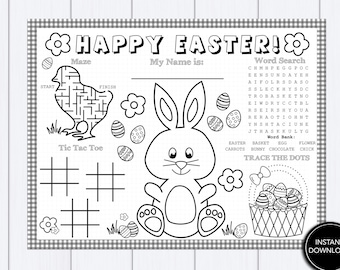 Kids Easter Placemat - &quot;EASTER PLACEMAT&quot; coloring, kids table, Easter, crafts, bunny, eggs, party, activity, word search, printable