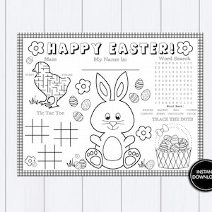 May include: A black and white printable Easter activity sheet with a maze, tic-tac-toe game, word search, and connect-the-dots activity. The sheet features a bunny rabbit, chick, and Easter eggs.