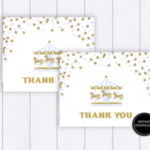 Blue Carousel Confetti Thank You Card Printable File: "BLUE CAROUSEL" light blue, gold, glitter, confetti, carousel thank you card
